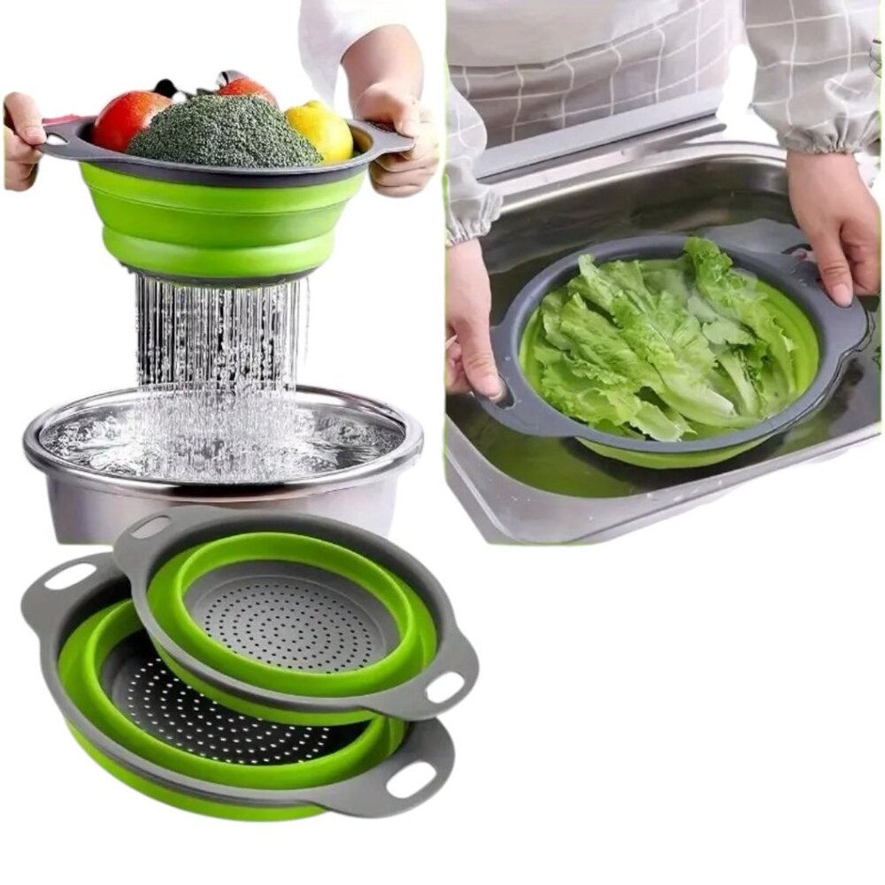 2-Pack Collapsible Space-Saving Silicone Kitchen Colanders Green Strainers Round